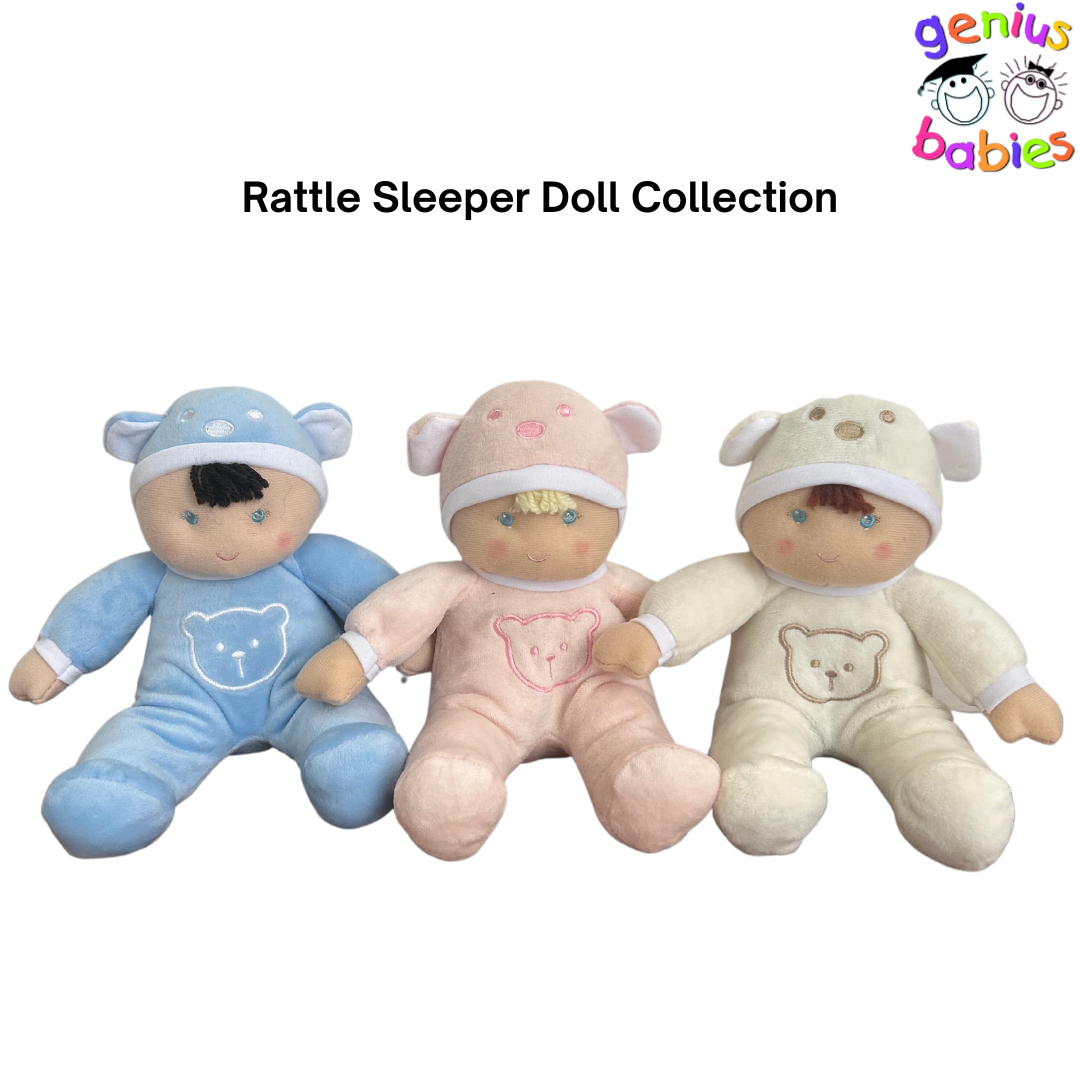 Soft Plush Baby Boy Doll and Lovey Toy with Rattle in Blue Sleeper