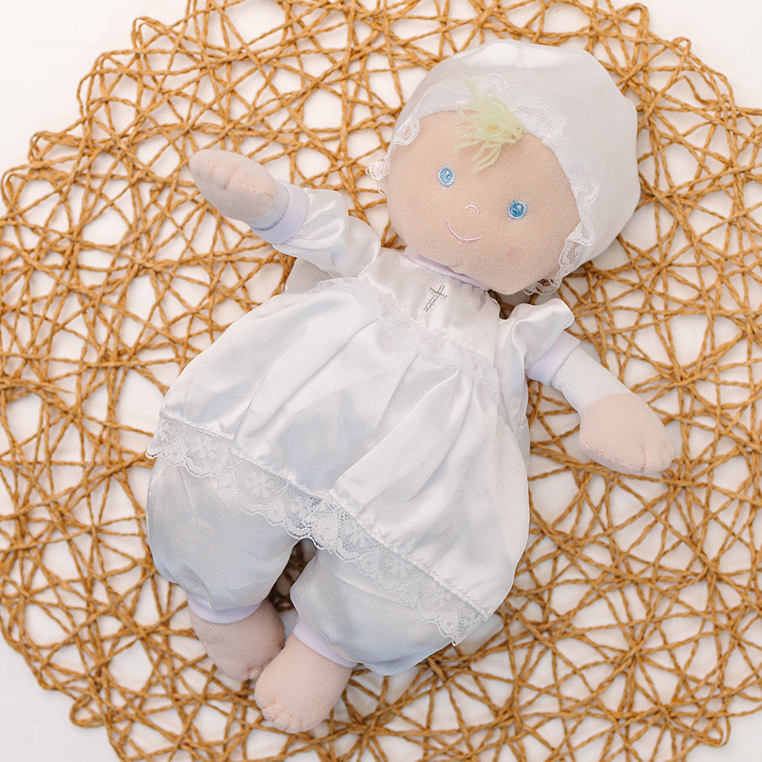 Christening Baptism Soft Baby Doll in White Satin Dress, 12"
