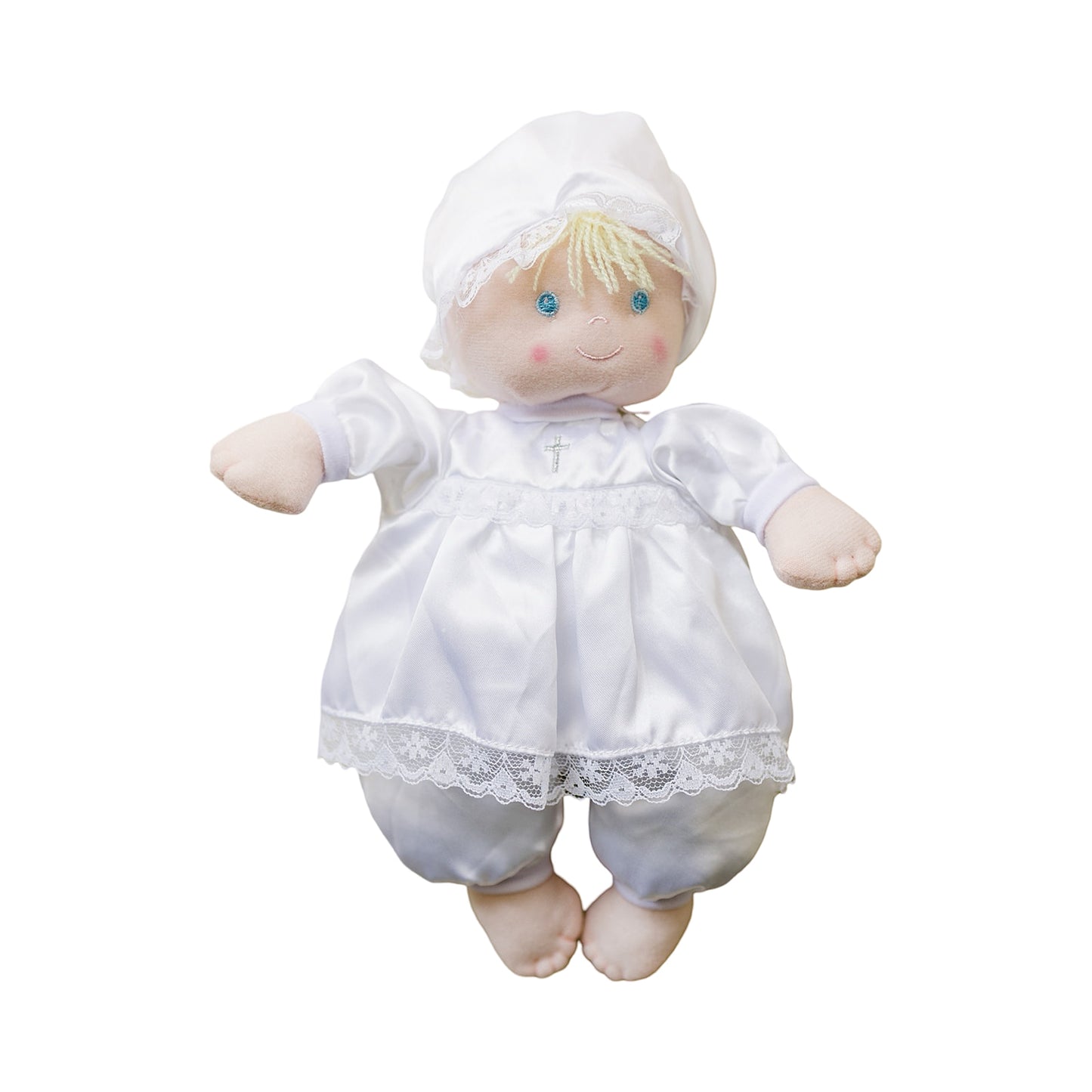 Christening Baptism Soft Baby Doll in White Satin Dress
