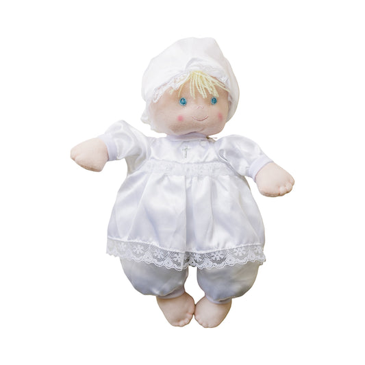 Christening Baptism Soft Baby Doll in White Satin Dress