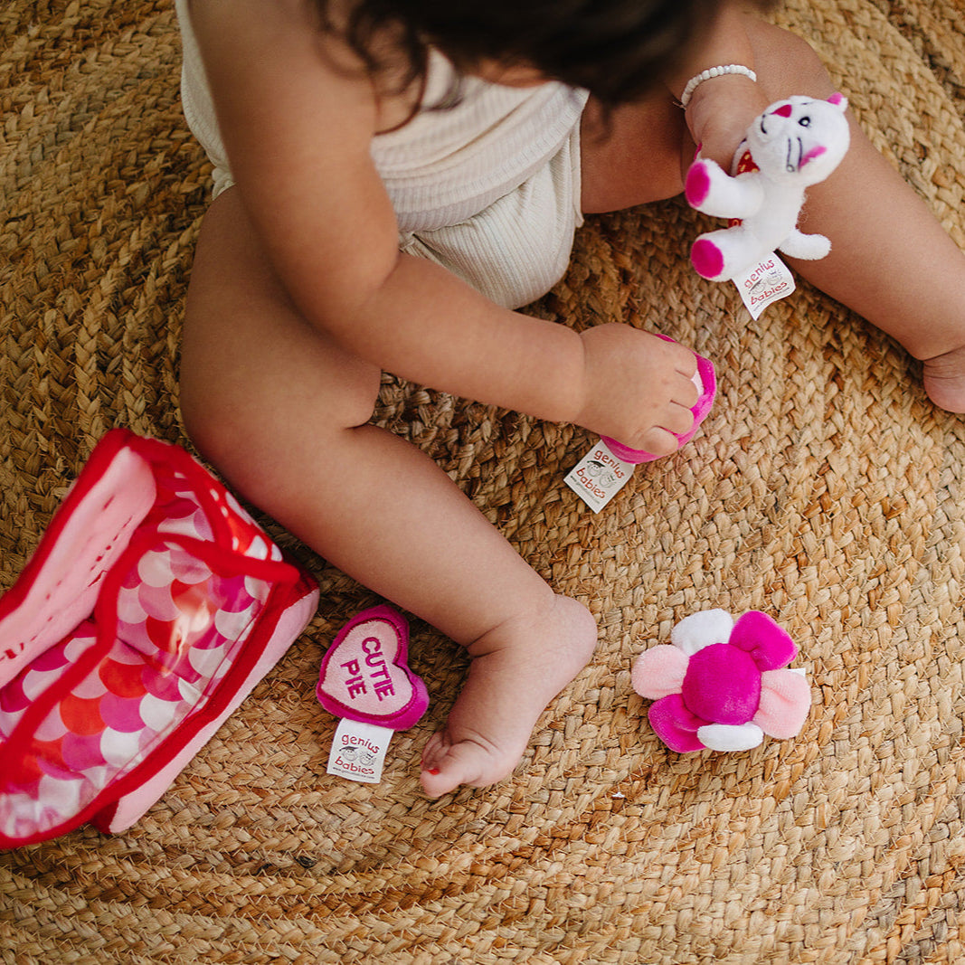 Valentine's Day Plush Fill & Spill Playset & Keepsake Gift  with 4 ct Mini Sensory Toys (Cat, Heart, Flower, Cupcake)