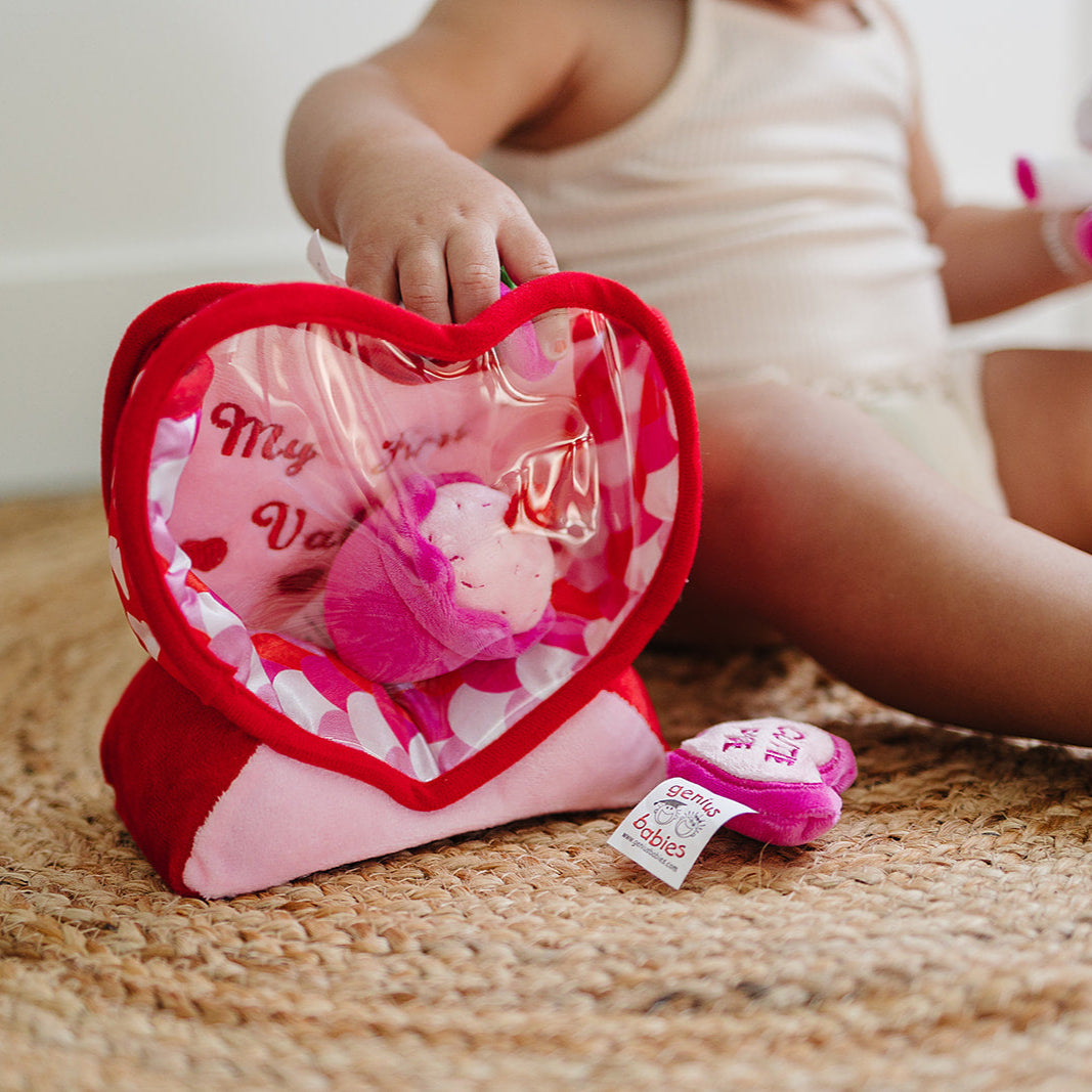 Valentine's Day Plush Fill & Spill Playset & Keepsake Gift  with 4 ct Mini Sensory Toys (Cat, Heart, Flower, Cupcake)