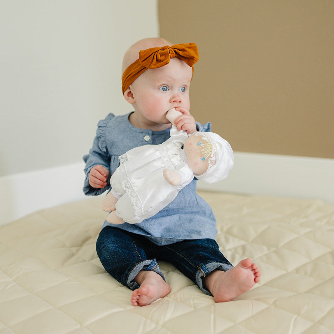 Christening Baptism Soft Baby Doll in White Satin Dress