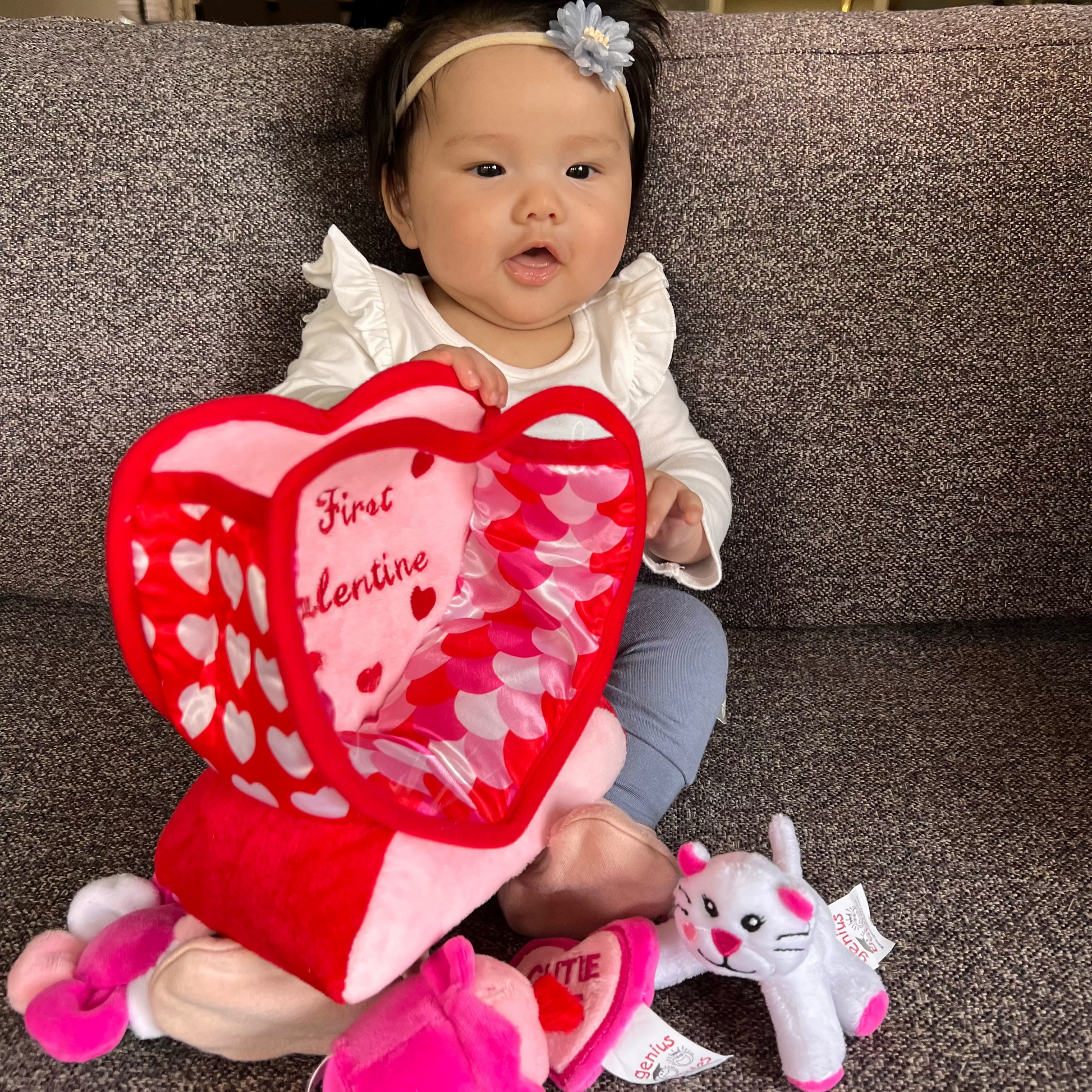 Valentine's Day Plush Fill & Spill Playset & Keepsake Gift  with 4 ct Mini Sensory Toys (Cat, Heart, Flower, Cupcake)