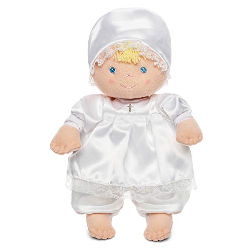 Christening Baptism Soft Baby Doll in White Satin Dress, 12"