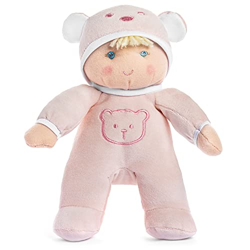 Soft Plush Baby Girl Doll and Lovey Toy with Rattle in Pink Sleeper
