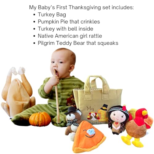 Genius Baby Toys | The Original My Baby's First Thanksgiving Holiday Fill and Spill Toy Playset with 4 ct Plush Toys (Turkey, Teddy Bear, Pumpkin Pie, Native American Girl Doll) with Sensory Component