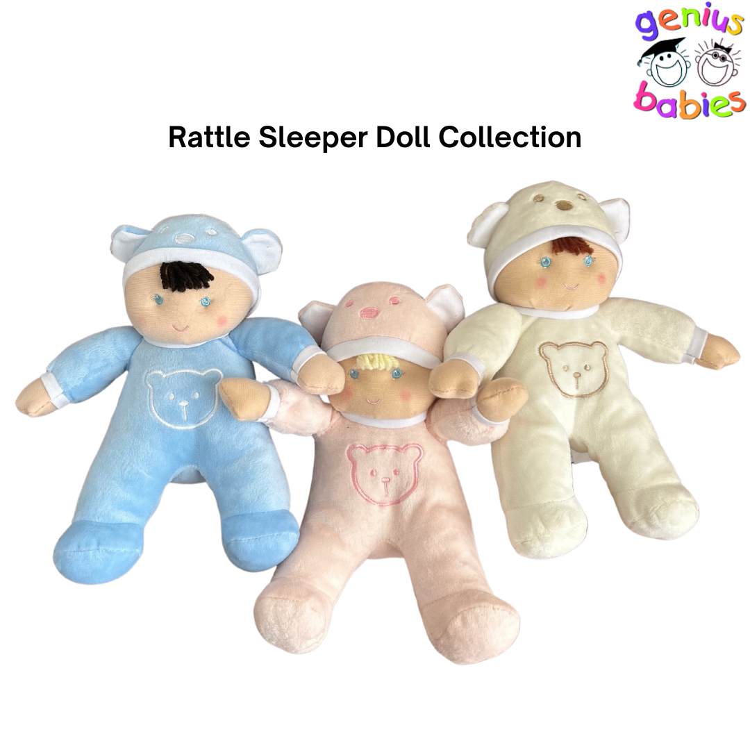 Soft Plush Baby Boy Doll and Lovey Toy with Rattle in Blue Sleeper