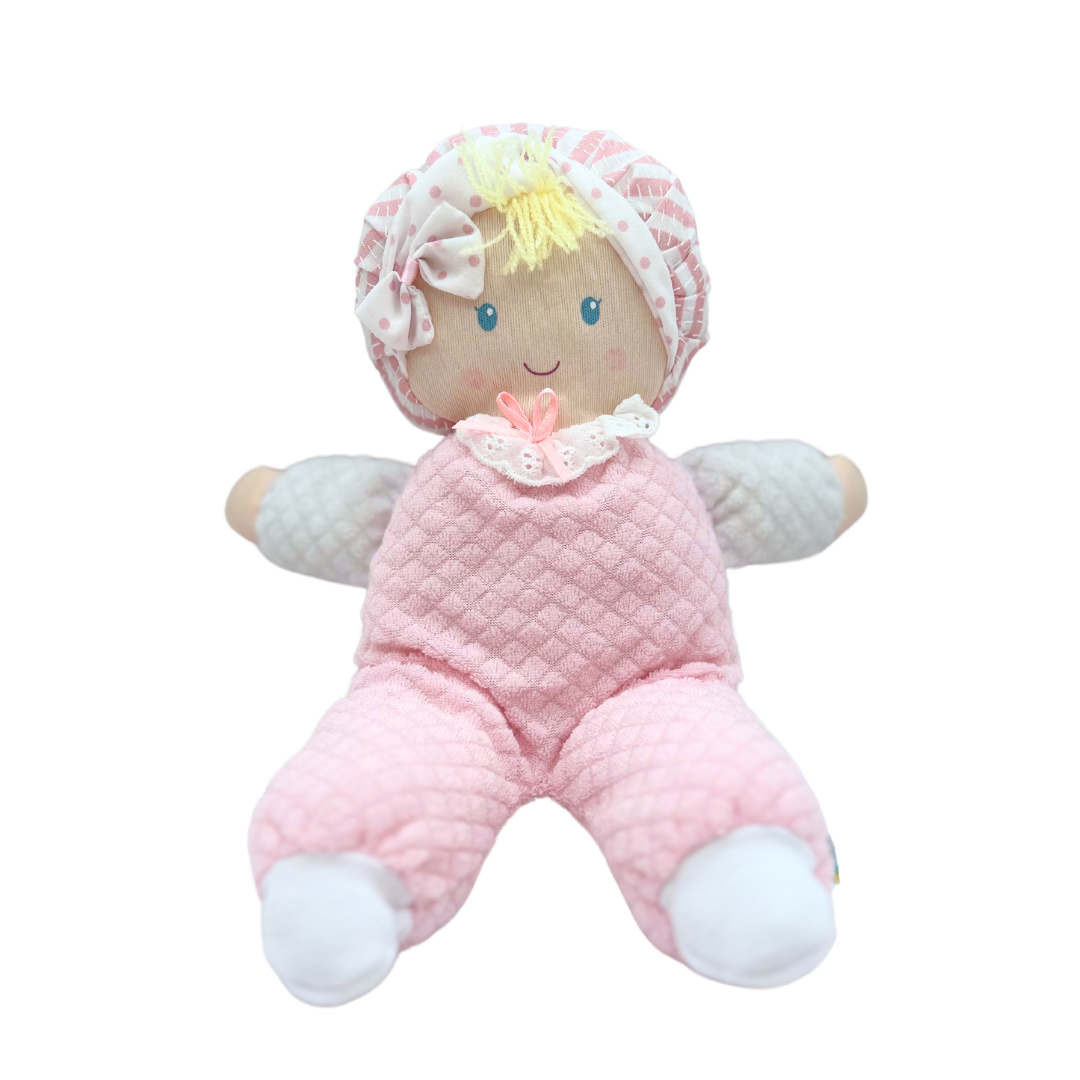 Soft Eden Terry Baby Doll and Lovey in Pink with Yellow Hair, 11"