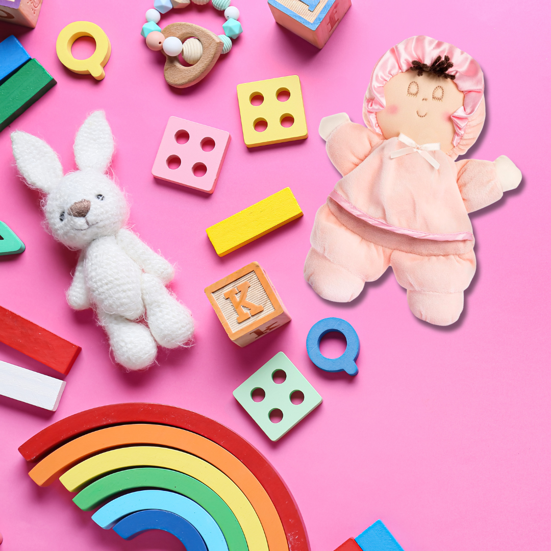 Soft Baby Doll with Brown Hair and Other Toys