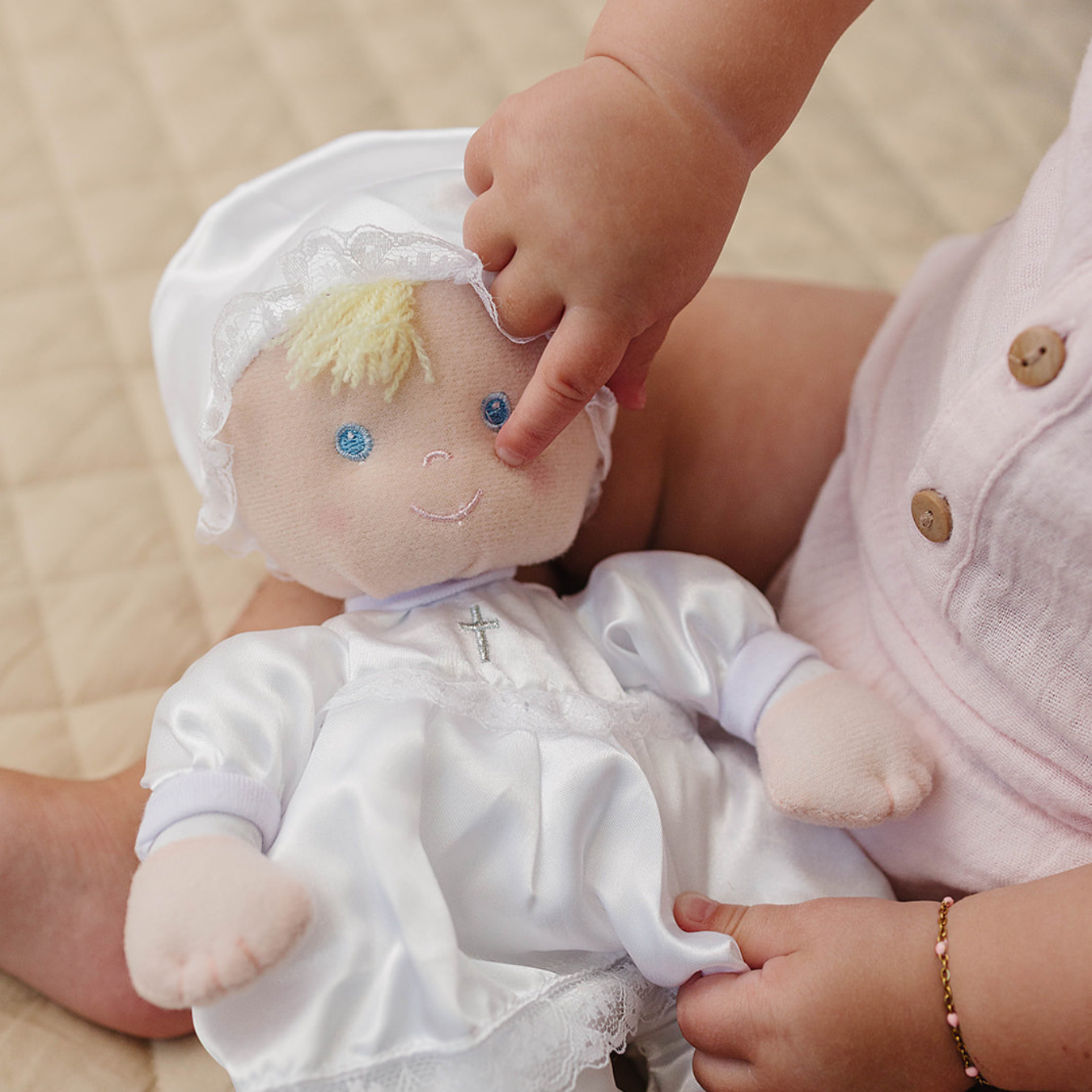 Christening Baptism Soft Baby Doll in White Satin Dress, 12"