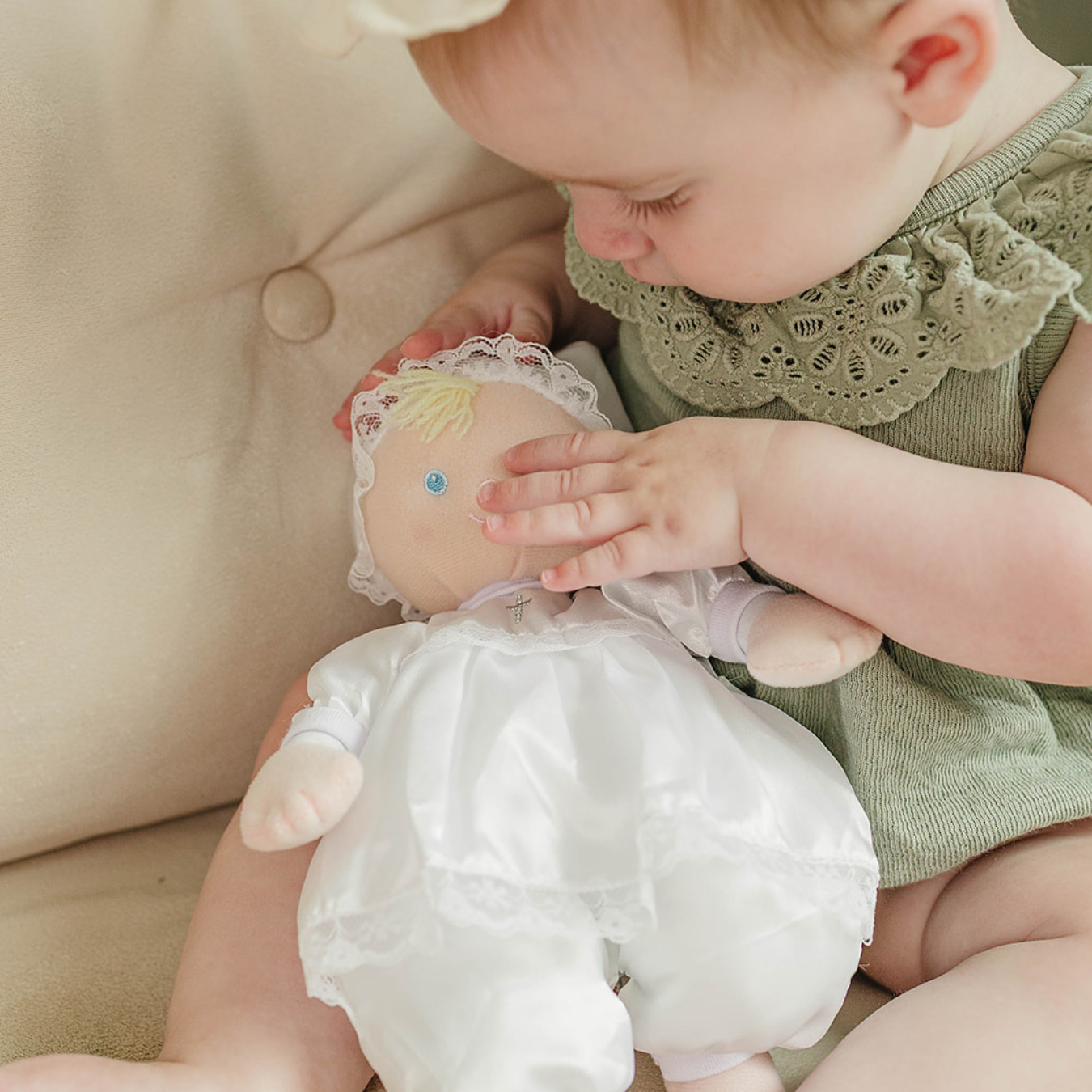 Christening Baptism Soft Baby Doll in White Satin Dress, 12"
