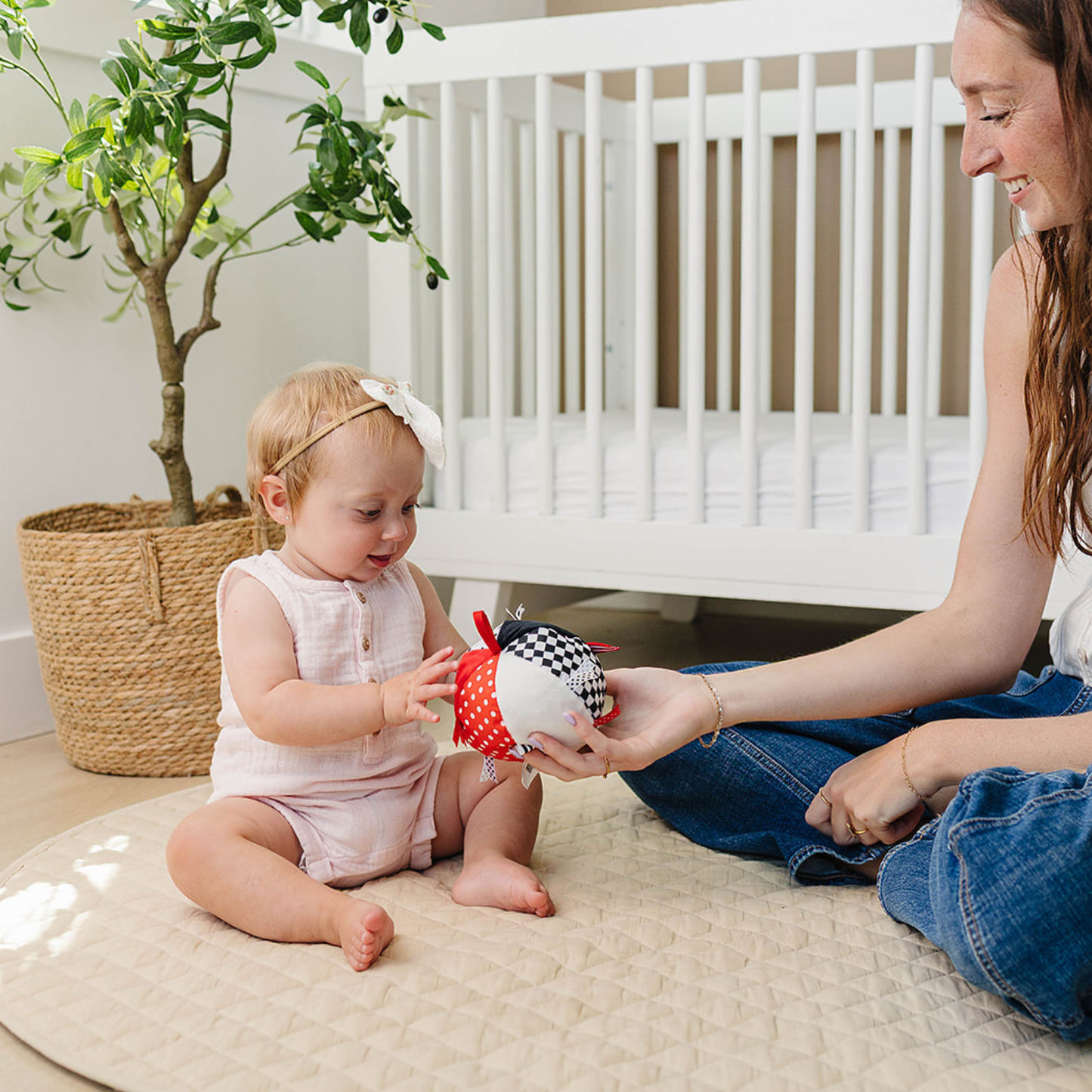 Soft Plush Ball — Black, White, Red with Jingle Chime (5" Diameter)
