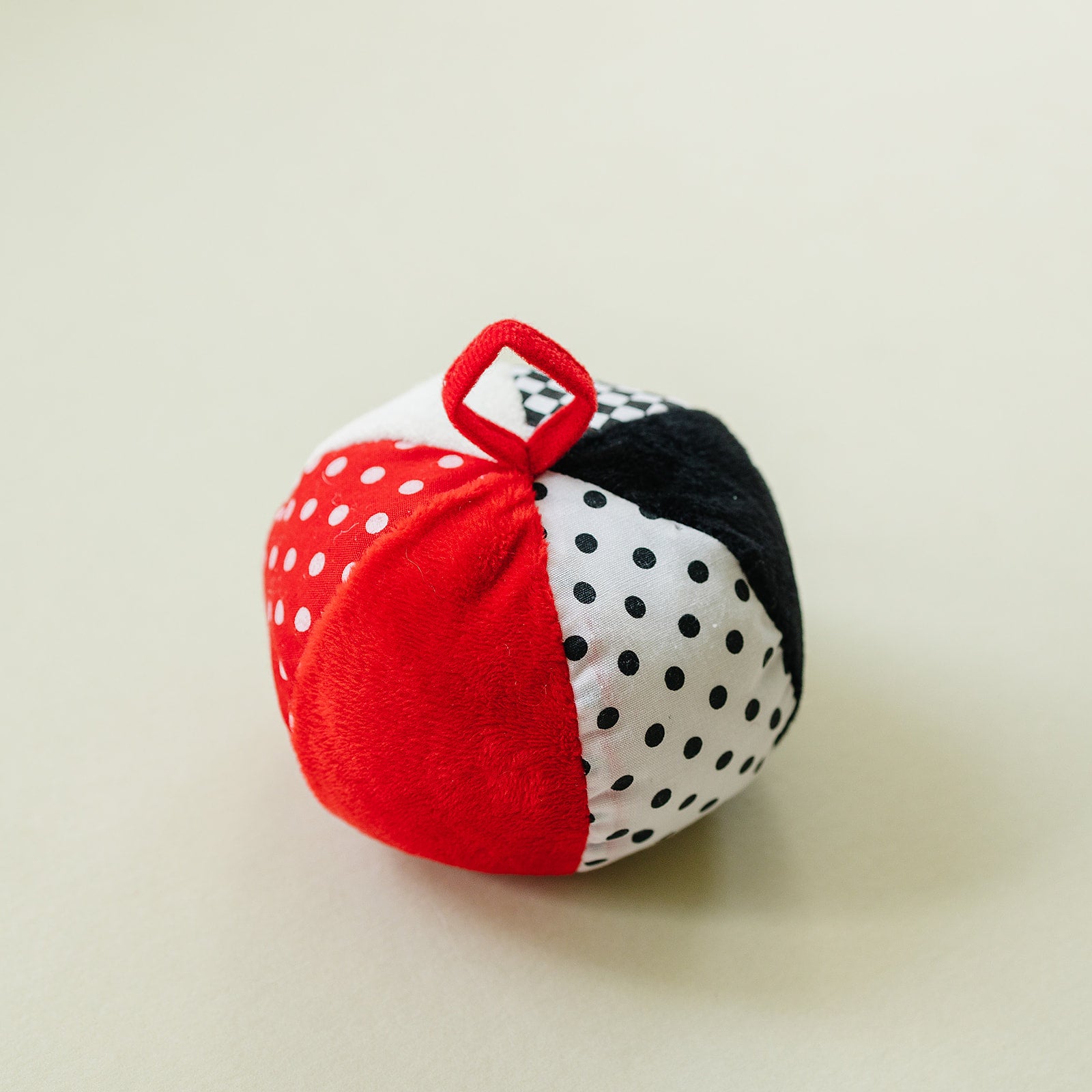 Soft Plush Ball in Black, White, Red with Jingle Chime (4" Diameter)