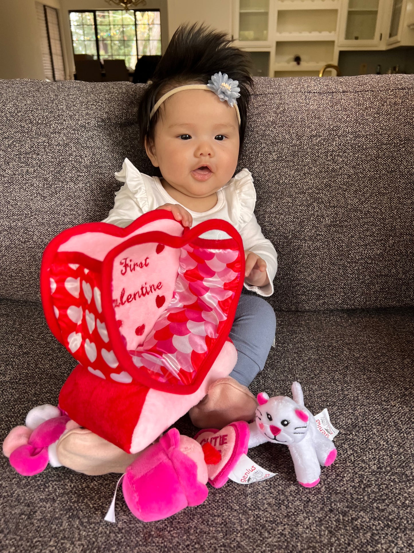 Valentine's Day Plush Fill & Spill Playset & Keepsake Gift  with 4 ct Mini Sensory Toys (Cat, Heart, Flower, Cupcake)