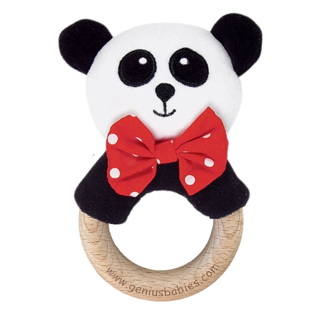 A plush panda baby teether with a wooden ring. The panda has a white face with black ears, eyes, and nose, wearing a red bow tie with white polka dots.