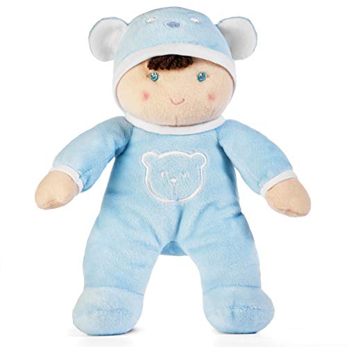 Soft Plush Baby Boy Doll and Lovey Toy with Rattle in Blue Sleeper