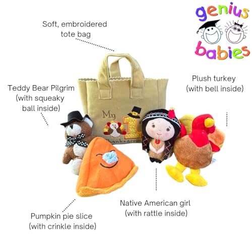 Genius Baby Toys | The Original My Baby's First Thanksgiving Holiday Fill and Spill Toy Playset with 4 ct Plush Toys (Turkey, Teddy Bear, Pumpkin Pie, Native American Girl Doll) with Sensory Component