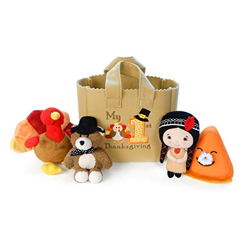 The Original My Baby's First Thanksgiving Holiday Fill and Spill Toy Playset with 4 ct Plush Toys (Turkey, Teddy Bear, Pumpkin Pie, Native American Girl Doll) with Sensory Component