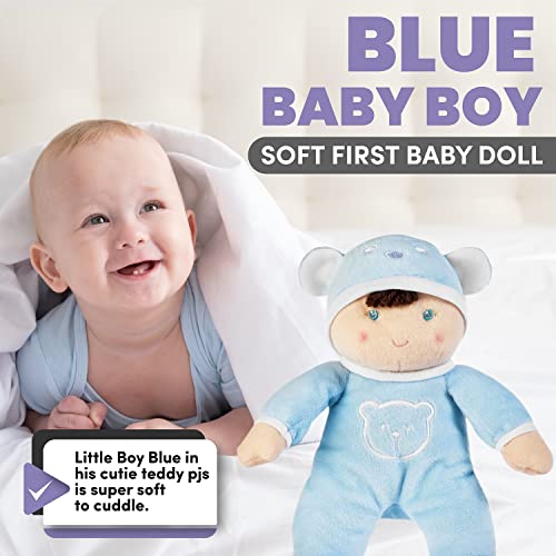 Soft Plush Baby Boy Doll and Lovey Toy with Rattle in Blue Sleeper