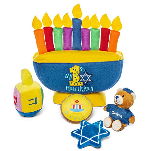 Hanukkah Playset with 4 Piece Developmental and Sensory Surprise Toys (Dreidel, Star of David, Gelt, Teddy Bear)