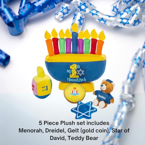 Hanukkah Playset with 4 Piece Developmental and Sensory Surprise Toys (Dreidel, Star of David, Gelt, Teddy Bear)