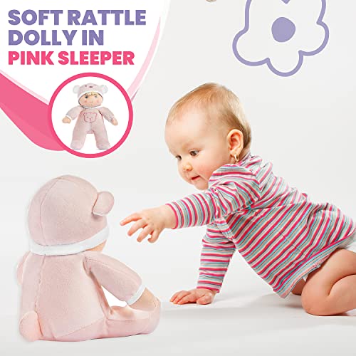 Soft Plush Baby Girl Doll and Lovey Toy with Rattle in Pink Sleeper